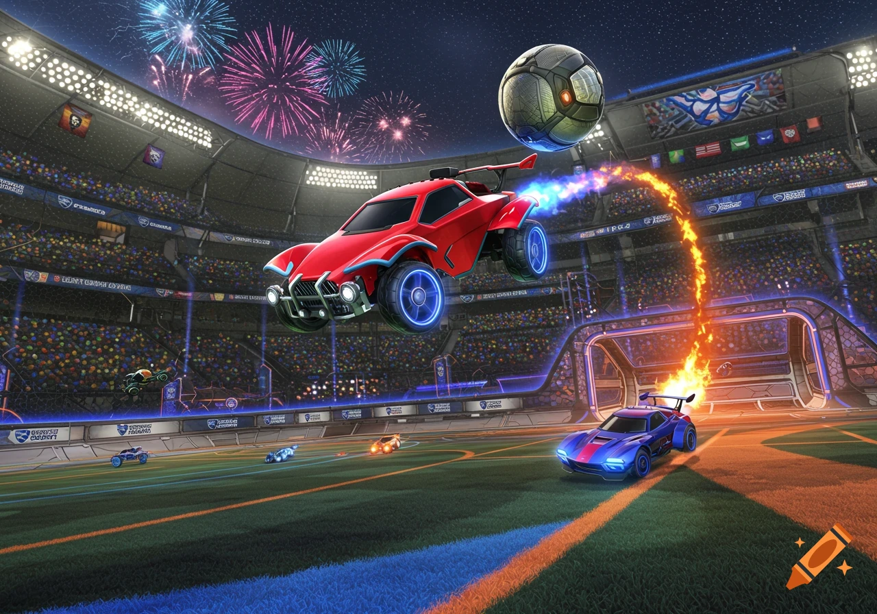 A red futuristic car jumps to hit a giant soccer ball in a vibrant stadium with fireworks, other cars on the field.