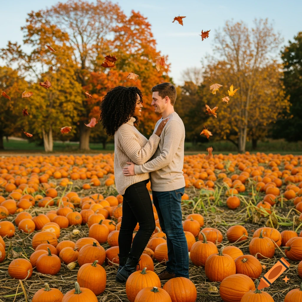 A smiling couple embraces in a sunlit pumpkin patch with vibrant autumn trees and falling leaves.