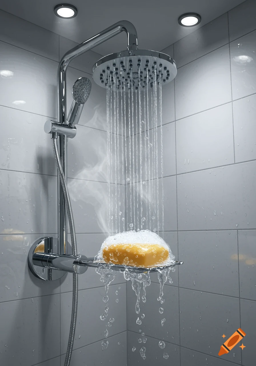 Photorealistic image of a chrome shower head spraying water onto a bar of yellow soap on a metal dish, with steam rising.
