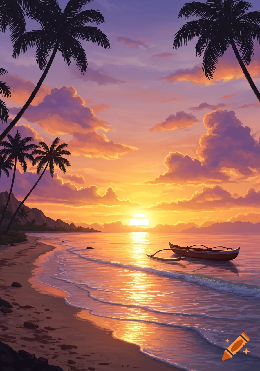 Stylized illustration of a vibrant sunset over a tropical beach with palm trees and a small boat.