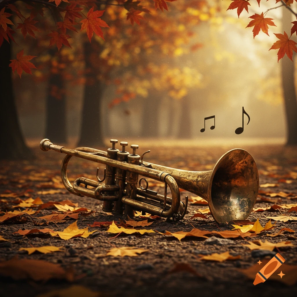 An aged brass trumpet lies on fallen autumn leaves in a misty forest, with musical notes. Photorealistic.