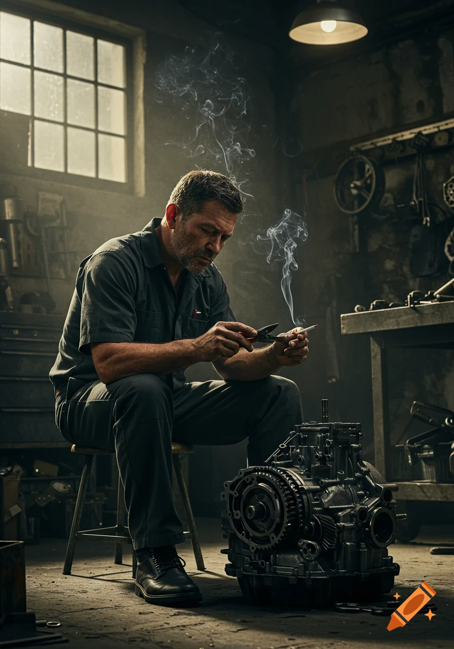 A photorealistic image of a man in a dark workshop, sitting and holding a cigarette with wire cutters while working on a car transmission.