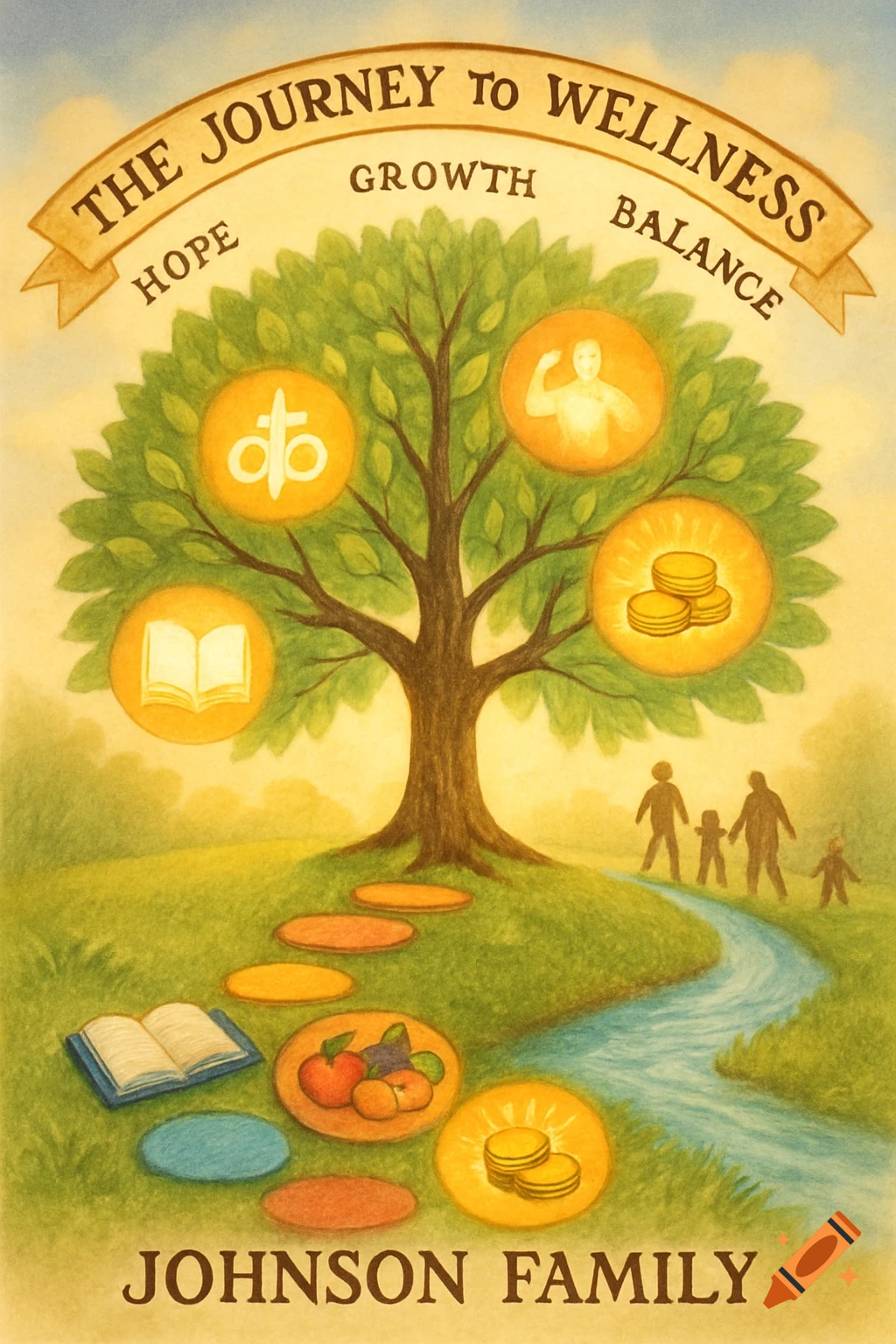 A colorful illustration depicts a tree with wellness icons, a path, a river, and a family, all under a banner reading 'The Journey to Wellness' and 'Johnson Family'.