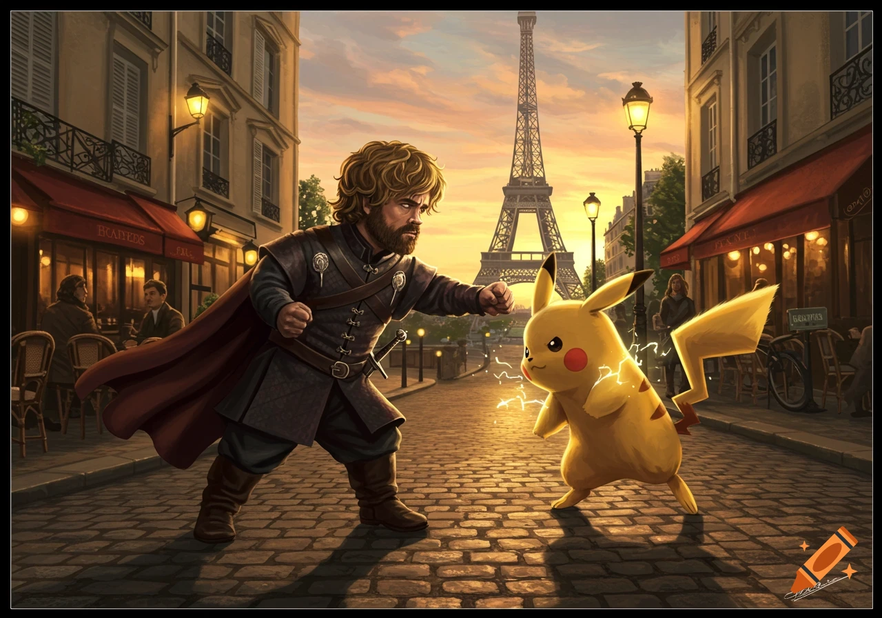 Tyrion Lannister in armor lunges at a glowing Pikachu on a Paris street, with the Eiffel Tower in the background, digital art.