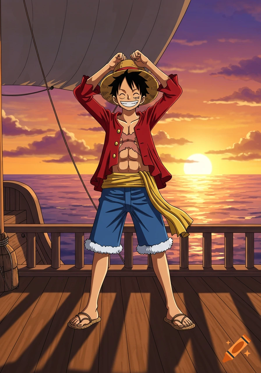Anime illustration of Monkey D. Luffy happily posing on a ship deck with a vibrant sunset ocean background.