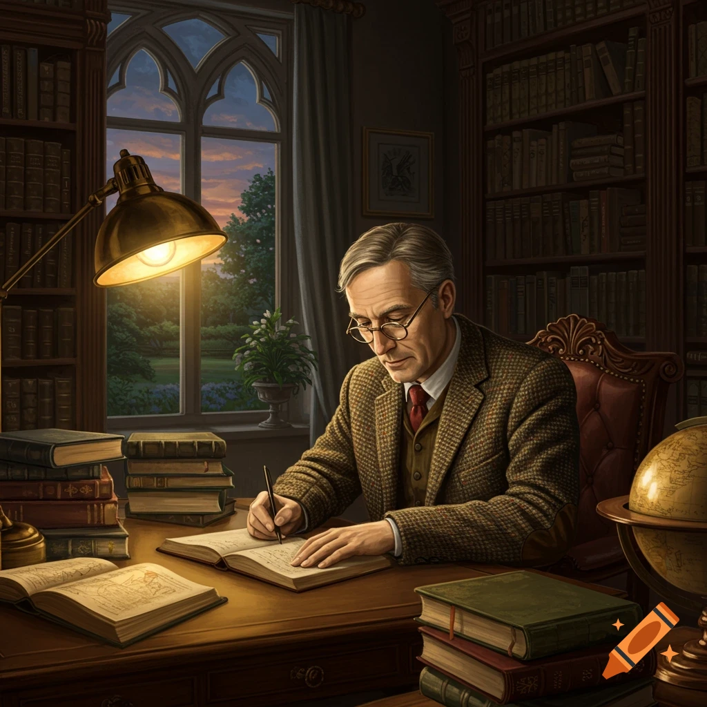 A scholar in a tweed jacket writes at a desk in a cozy library, illuminated by a lamp and a window view.