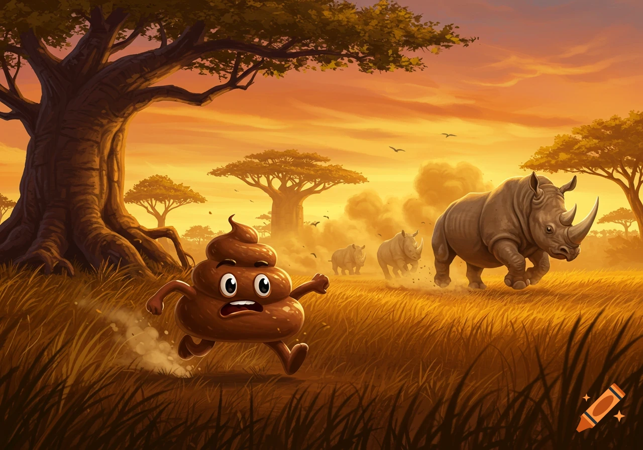 A scared cartoon poop emoji with arms and legs runs through a golden savanna at sunset, chased by three rhinos in the background.
