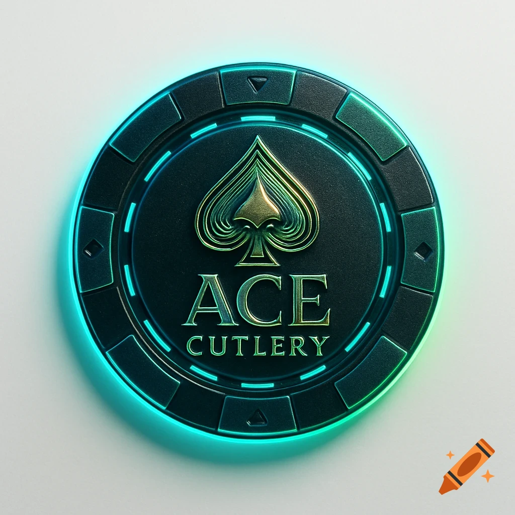 A dark poker chip with a glowing neon outline in blue and green, featuring a gold spade logo and "ACE CUTLERY" text.