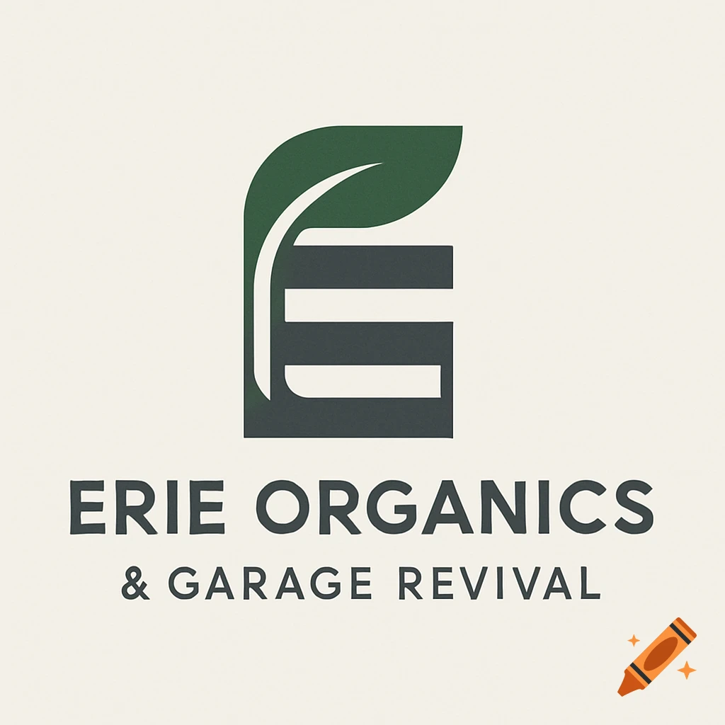 A minimalist logo for Erie Organics & Garage Revival, featuring a dark green abstract letter E with a leaf incorporated against a light background.