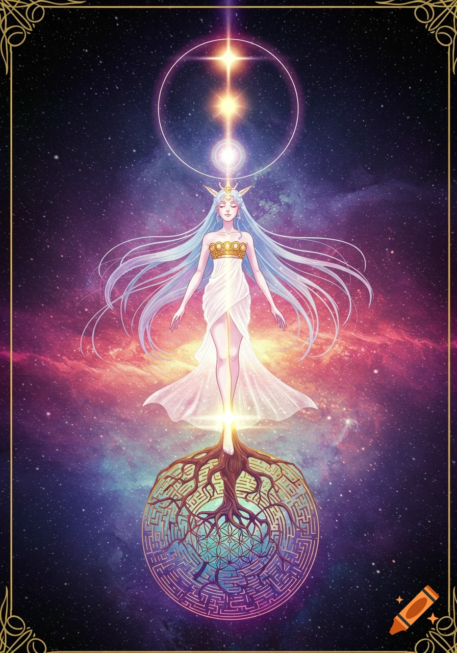 Anime-style ethereal goddess with light blue hair, standing on a rooted labyrinth orb, emanating light in a vibrant cosmic space scene.