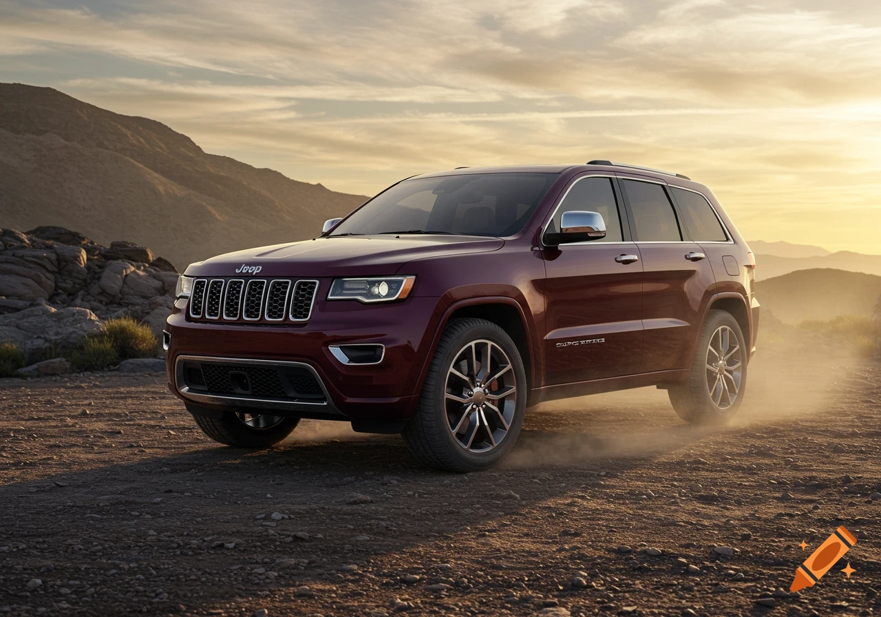 A dark red Jeep Grand Cherokee SUV drives on a dirt road, kicking up dust at sunset in a desert landscape.