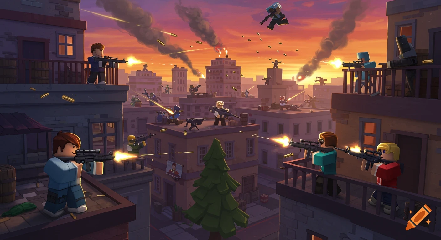 Roblox-style blocky characters engage in a rooftop battle across an urban city at sunset, with gunfire, smoke, and flying bullets.