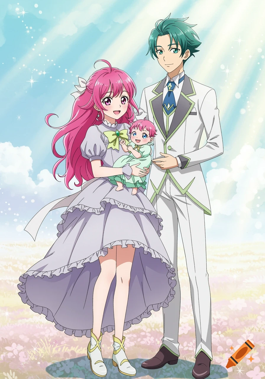 Anime-style family portrait of a pink-haired woman holding a baby, standing next to a green-haired man in a white suit, under a blue sky.