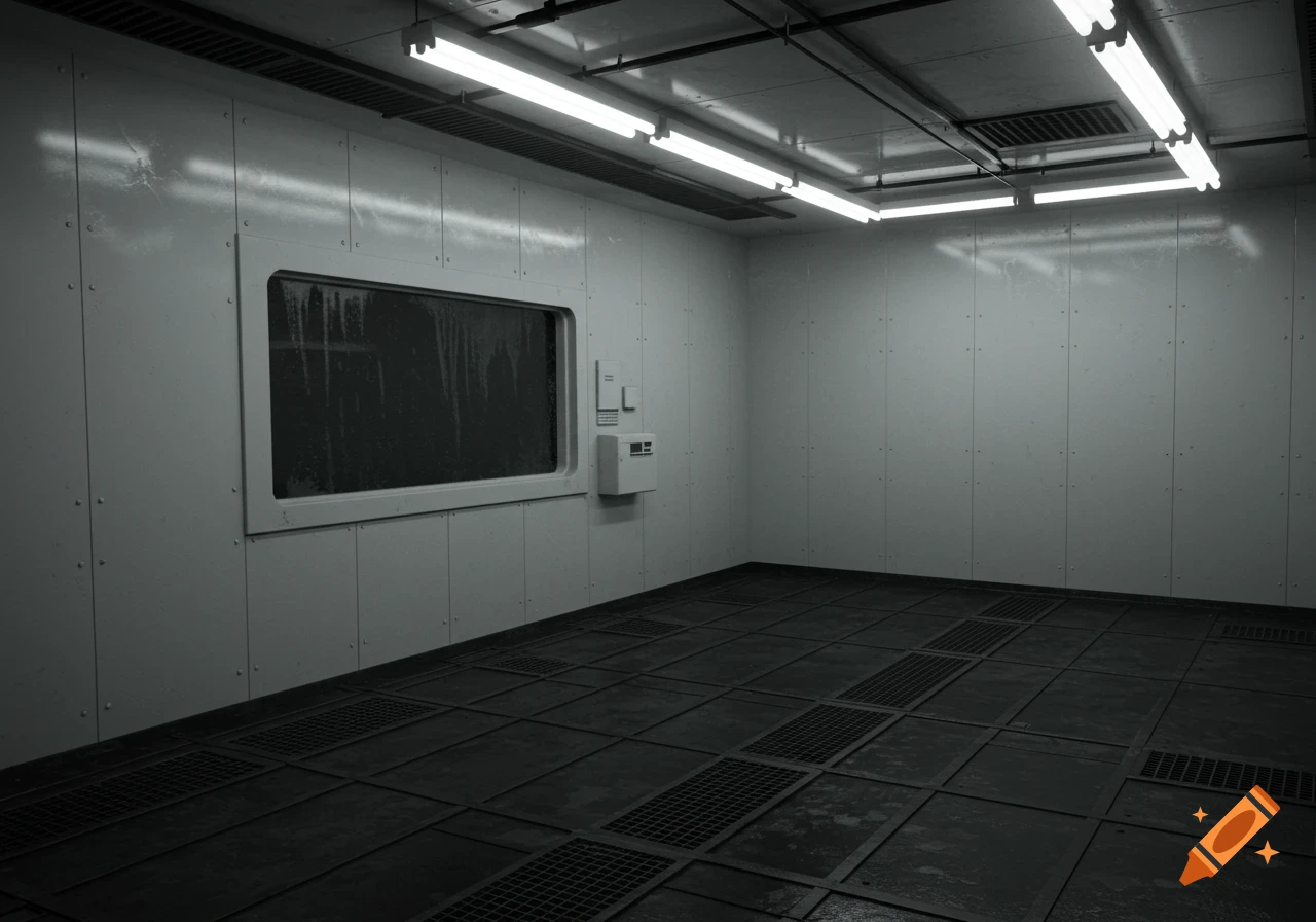 An empty, sterile room with white paneled walls, a gridded floor, fluorescent lights, and a dark, streaked window, evoking a sci-fi or eerie atmosphere.