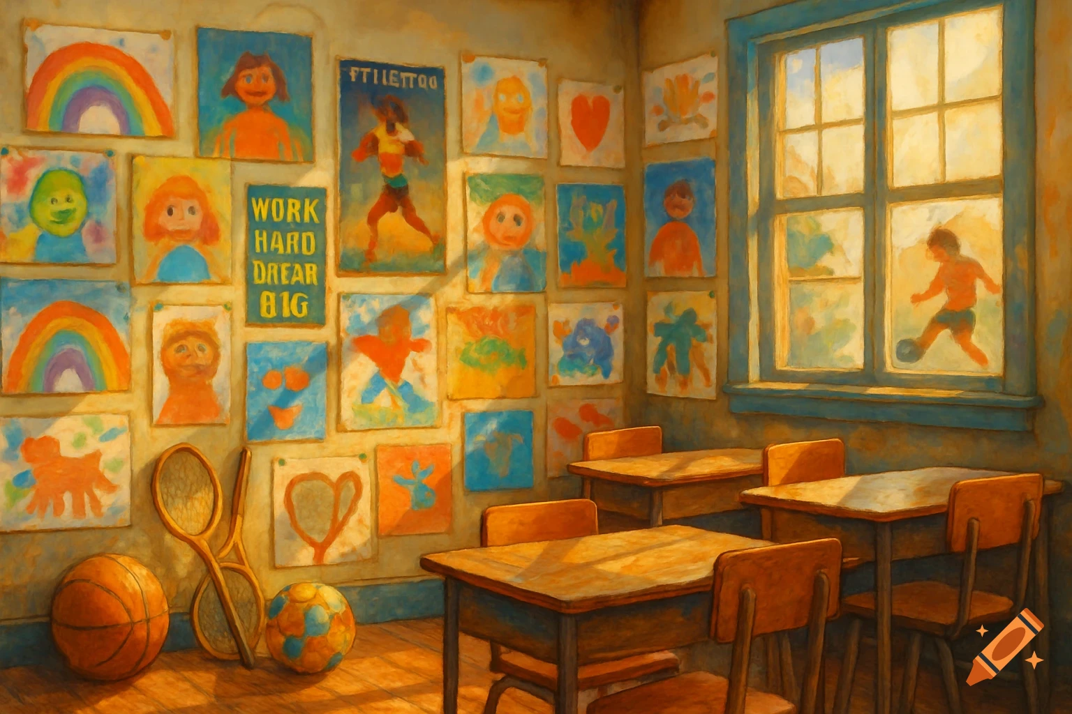 A brightly lit classroom with student drawings on the wall, sports equipment on the floor, and a child playing soccer visible through a window. Painted style.