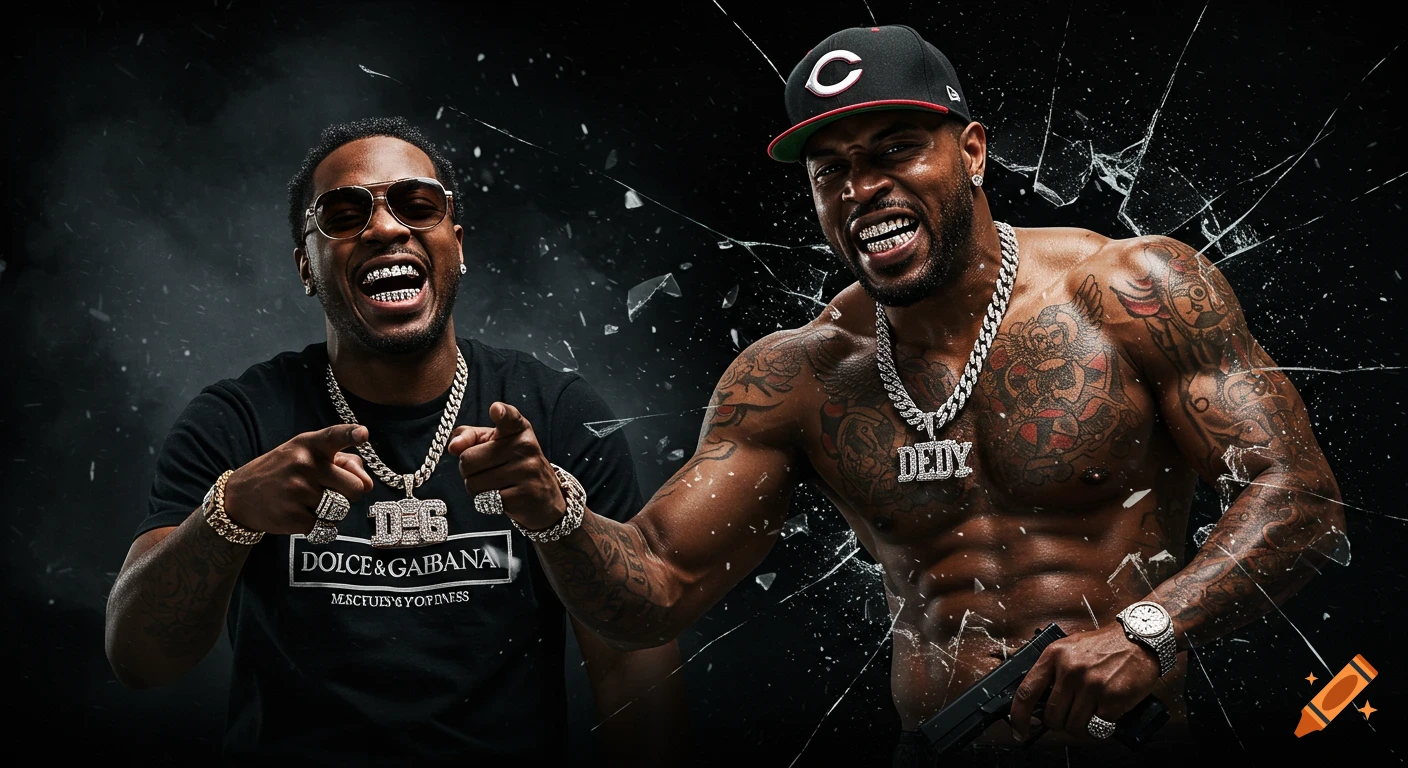 Two men, one shirtless, with grillz and chains, stand against a dark background with shattered glass. One holds a pistol, the other points.