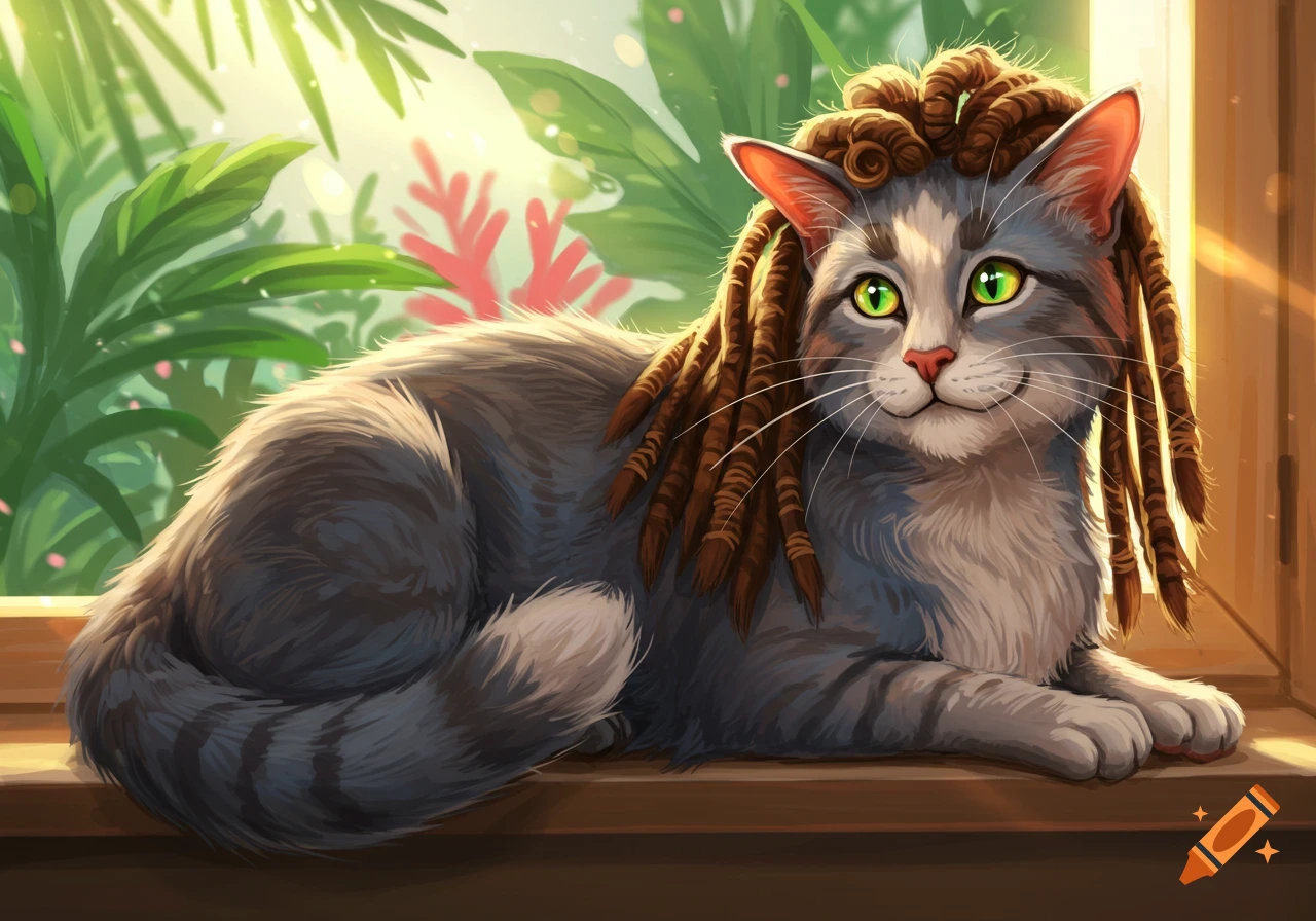 A grey tabby cat with green eyes and brown dreadlocks lies on a wooden window sill, with green foliage in the sunny background. Stylized illustration.