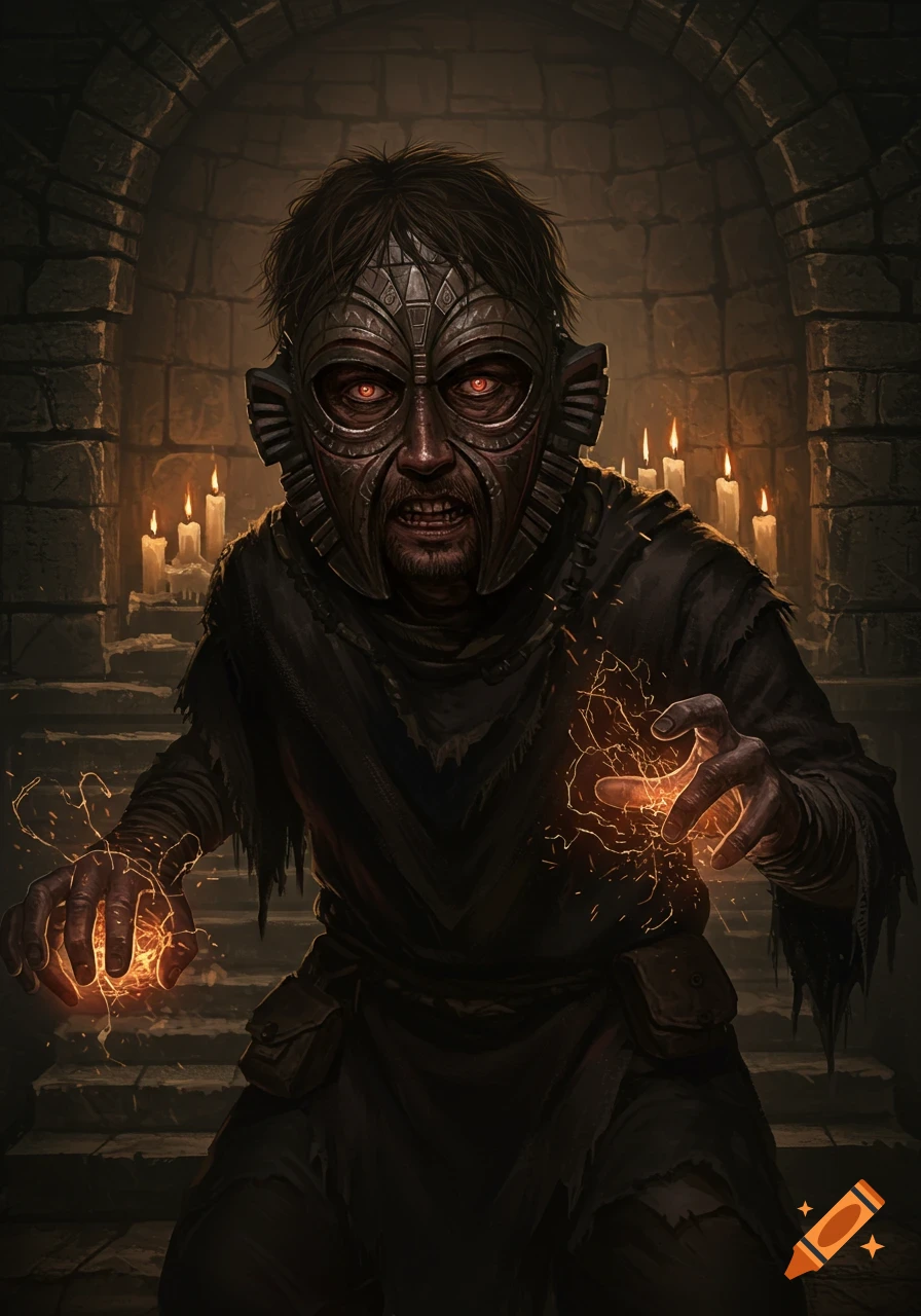 Grim sorcerer in an African mask with red eyes and sparking magic in his hands within a dark stone dungeon.