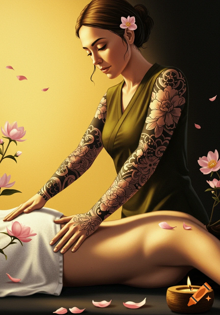 Illustrated professional massage therapist with floral tattoos giving a back massage amidst pink lotus flowers and petals.