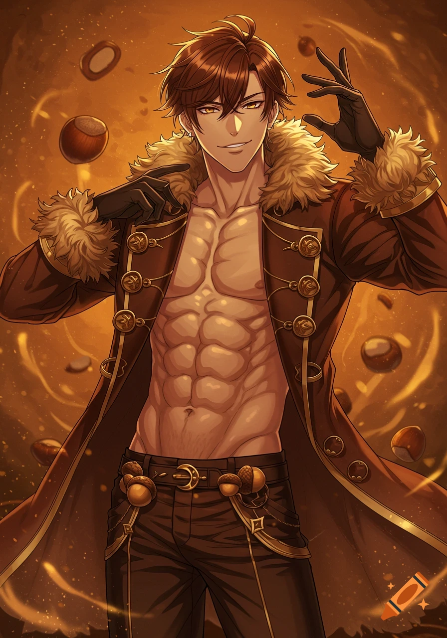 A smiling, muscular male anime character with brown hair and golden eyes, wearing an open fur-lined brown coat and nut-themed belt against a warm, glowing background.