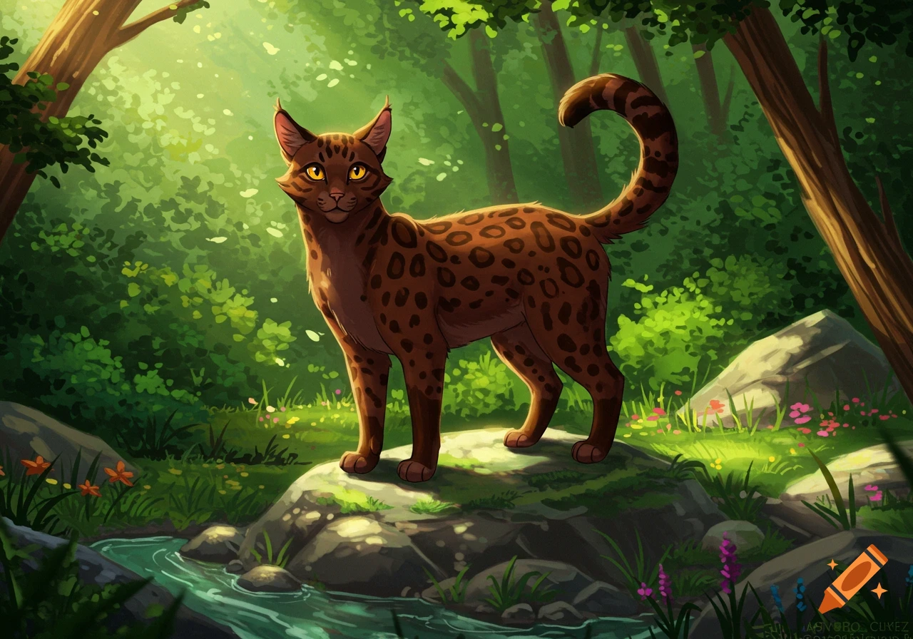 A cartoon spotted brown cat with yellow eyes stands on a mossy rock in a vibrant, sunlit forest next to a stream.