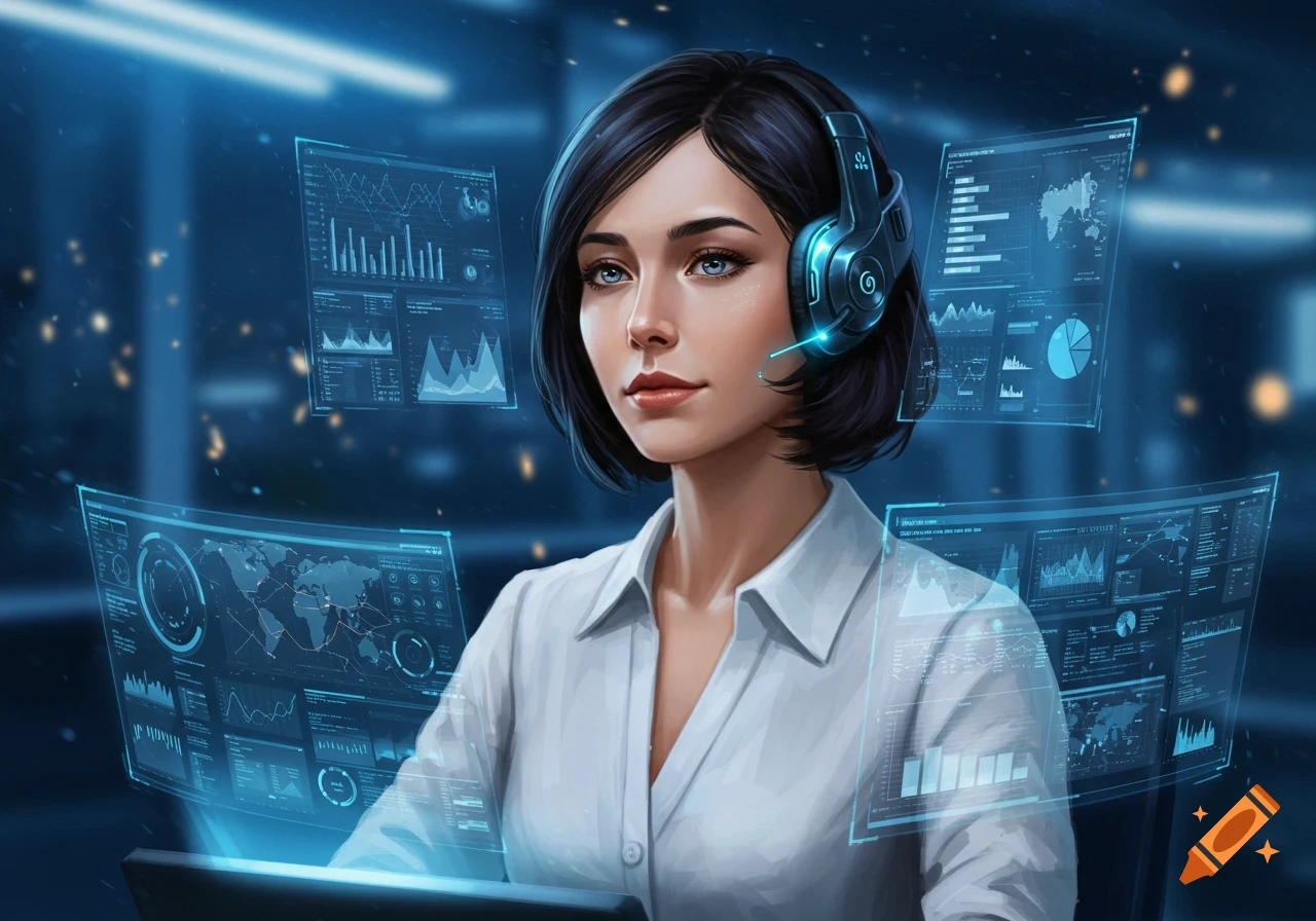A woman with a headset in a white shirt looks forward, surrounded by glowing blue holographic data screens with charts and maps.