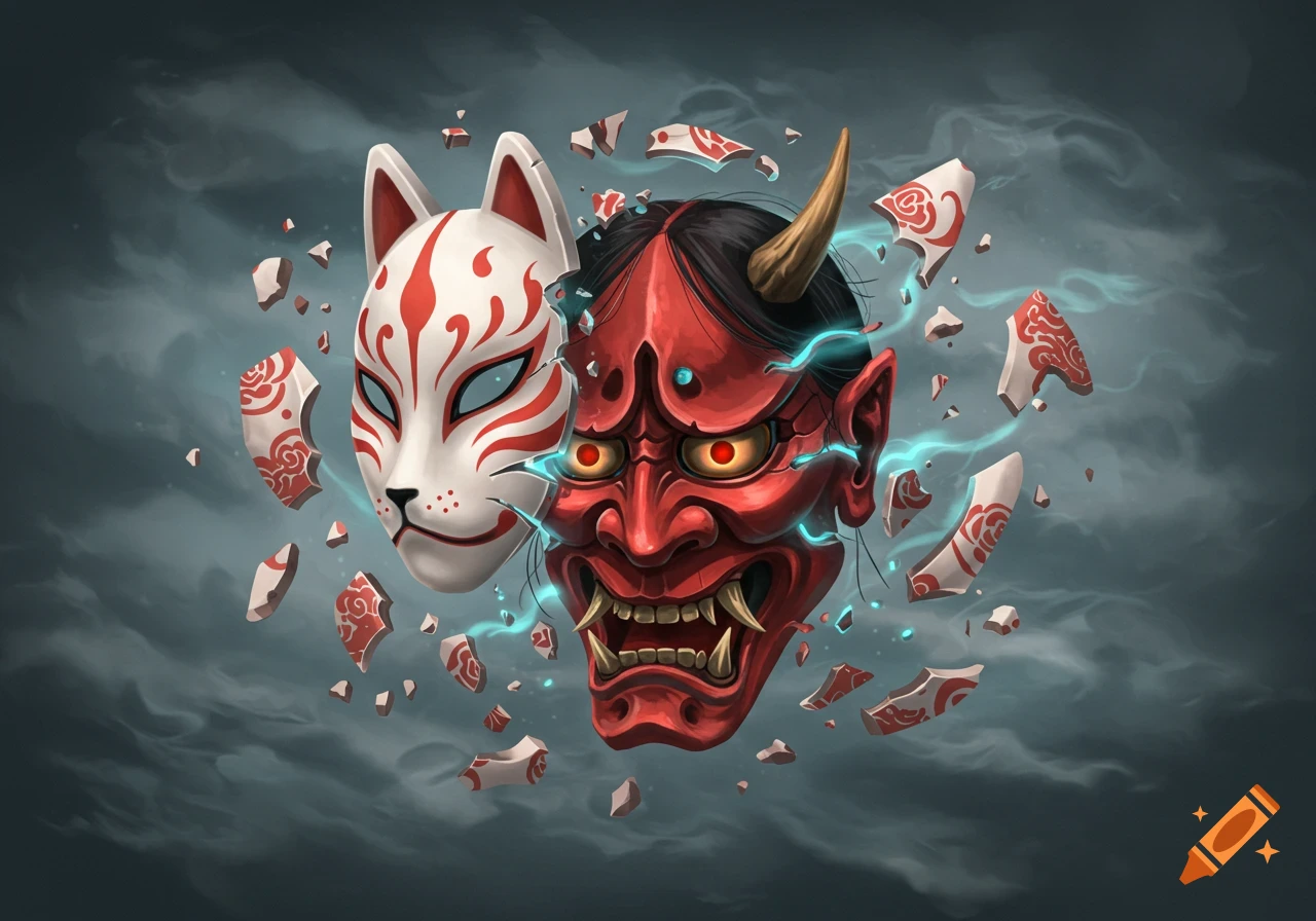 A white kitsune mask breaks apart to reveal a red horned oni mask underneath, with glowing blue energy and floating mask fragments against a dark, smoky background.