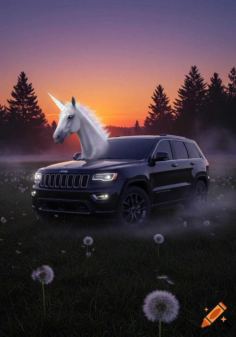 A black Jeep Grand Cherokee with a white unicorn head emerging from its hood, parked in a misty dandelion field at sunset.