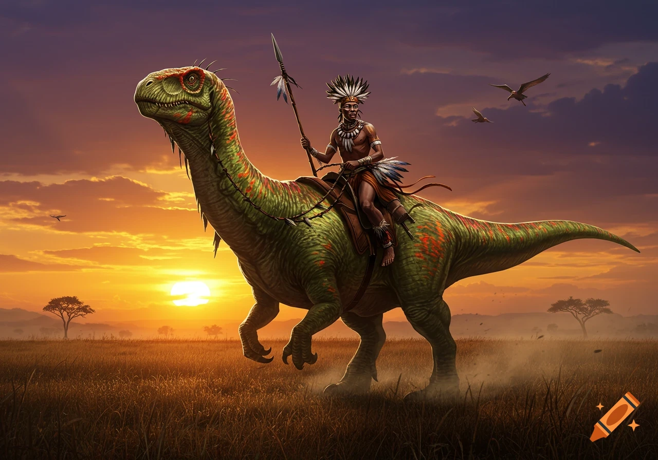 A tribal person with a feathered headdress rides a large green dinosaur across a grassy savanna at sunset.