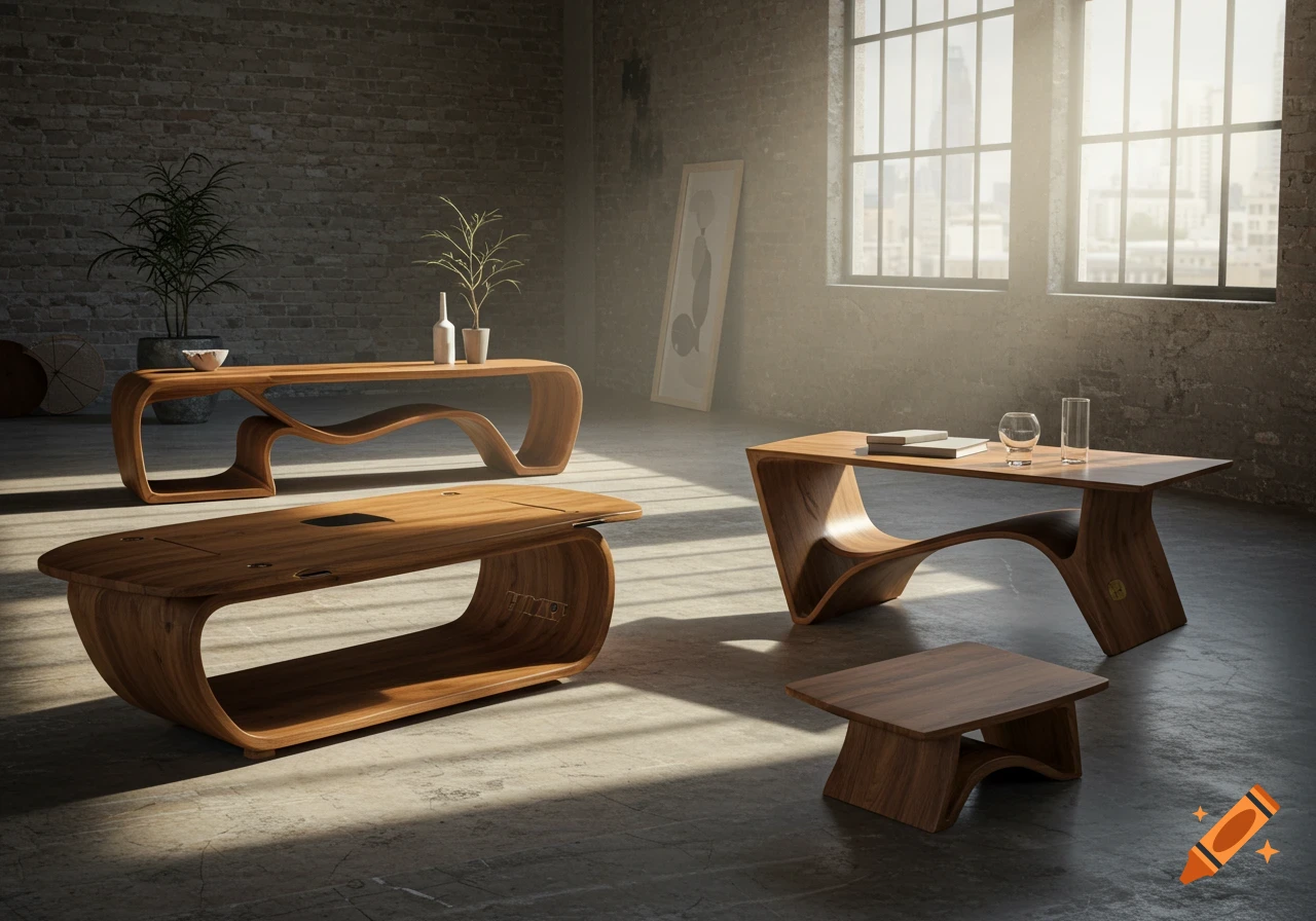 Modern wooden tables with curved designs in an industrial-style room with large windows.