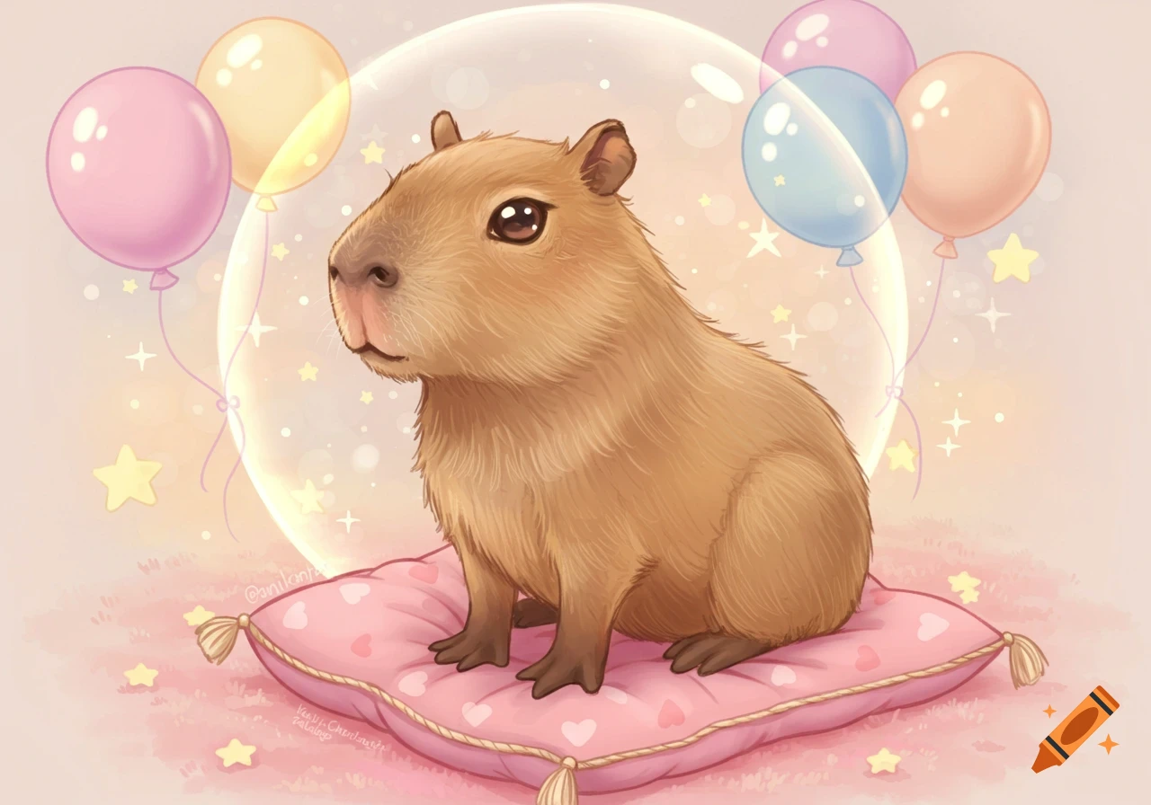 A cute cartoon capybara sits on a pink heart-patterned pillow with pastel balloons and sparkling stars in a light pink setting.