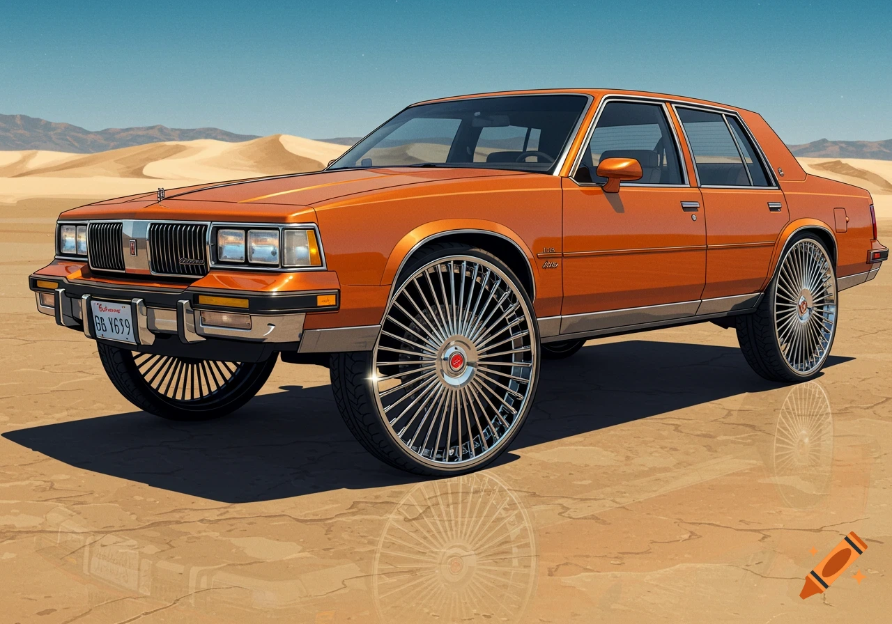 A burnt orange 1992 Oldsmobile custom cruiser with large chrome spoke rims parked in a desert.