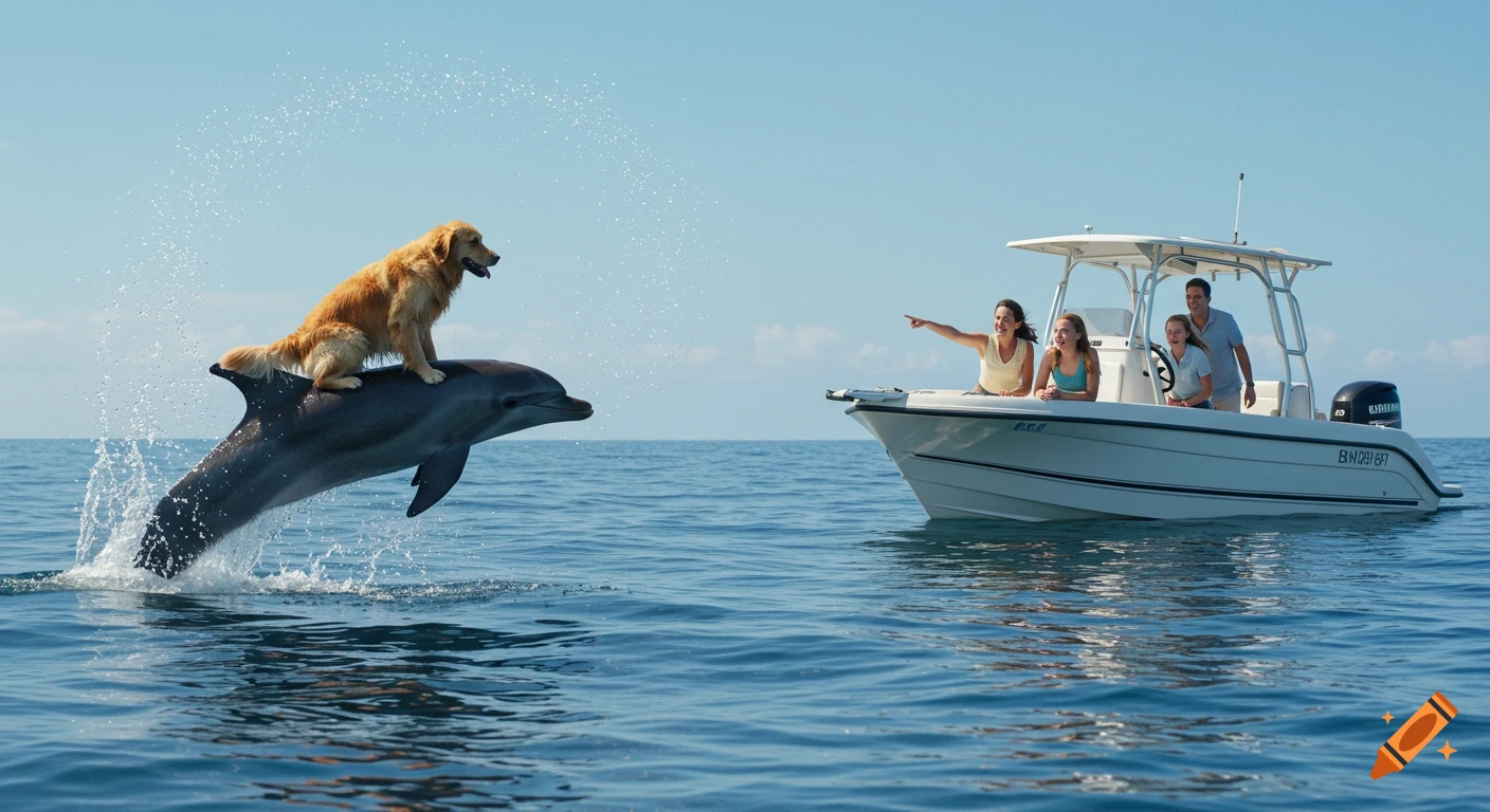 A photorealistic scene with a Golden Retriever riding on a leaping dolphin as a family in a white motorboat watches excitedly on a calm, sunny ocean.