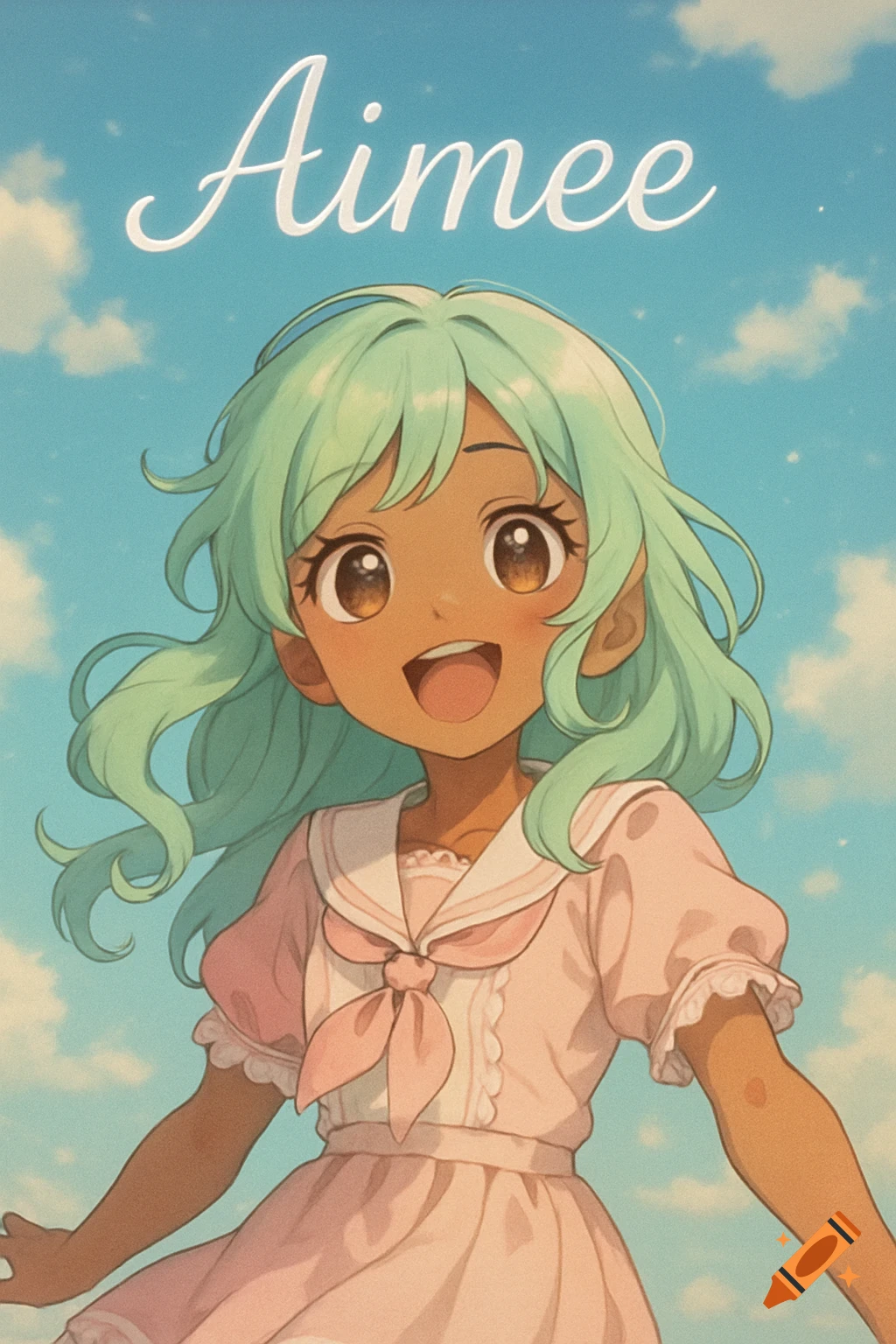 A cute anime girl with light brown skin, mint green hair, wearing a pink sailor dress, smiling under a blue sky with clouds. The name "Aimee" is written in white cursive text at the top.
