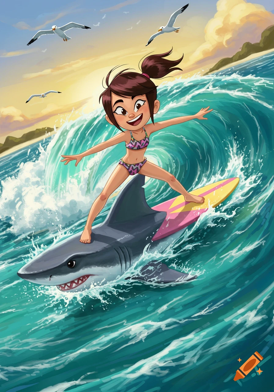 A cheerful cartoon girl in a bikini surfs a big turquoise wave while standing on a gray shark, with seagulls and a sunny beach in the background.