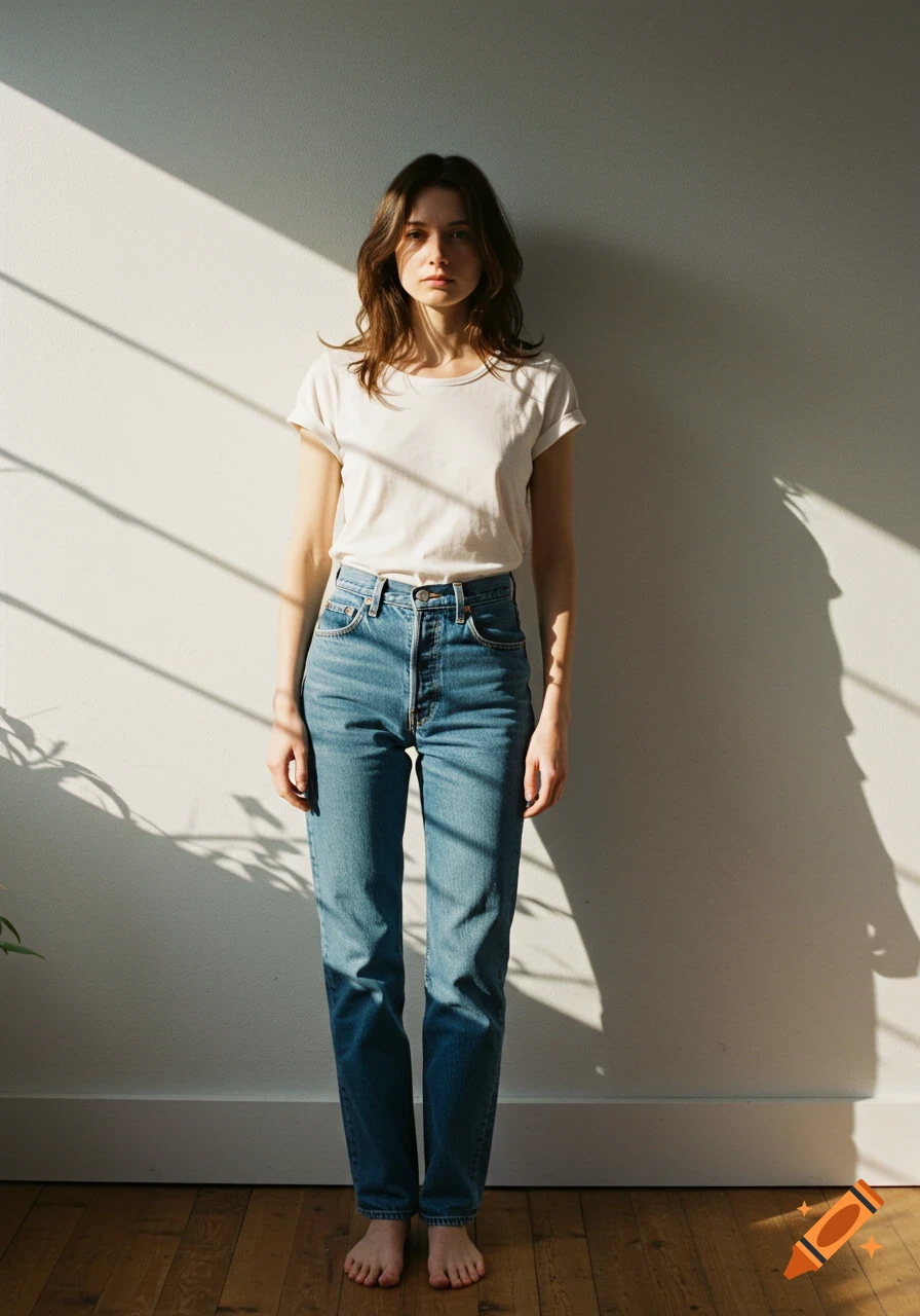 Photorealistic portrait of a woman with long hair in a white t-shirt and blue jeans, standing barefoot against a white wall with sun shadows.