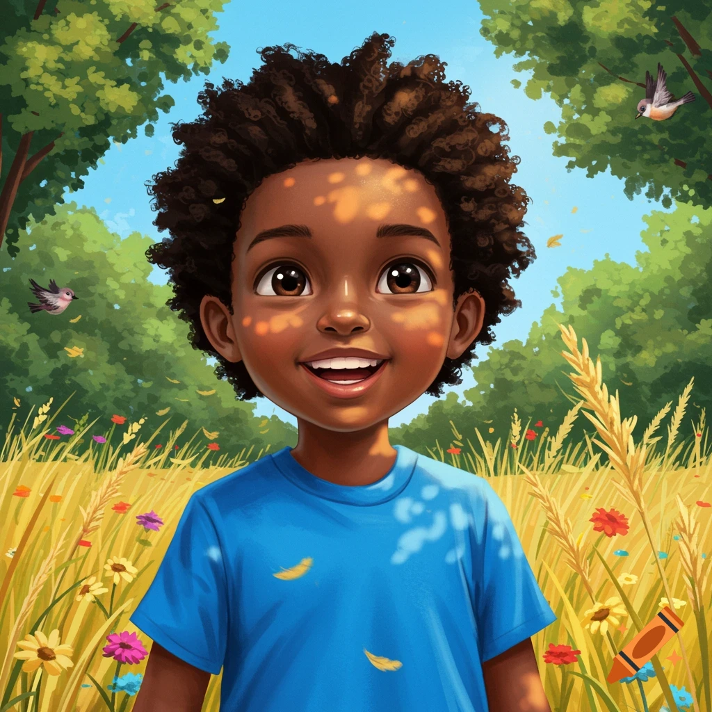 A cheerful illustration of a smiling Black child with curly hair wearing a blue shirt, standing in a sunny field.