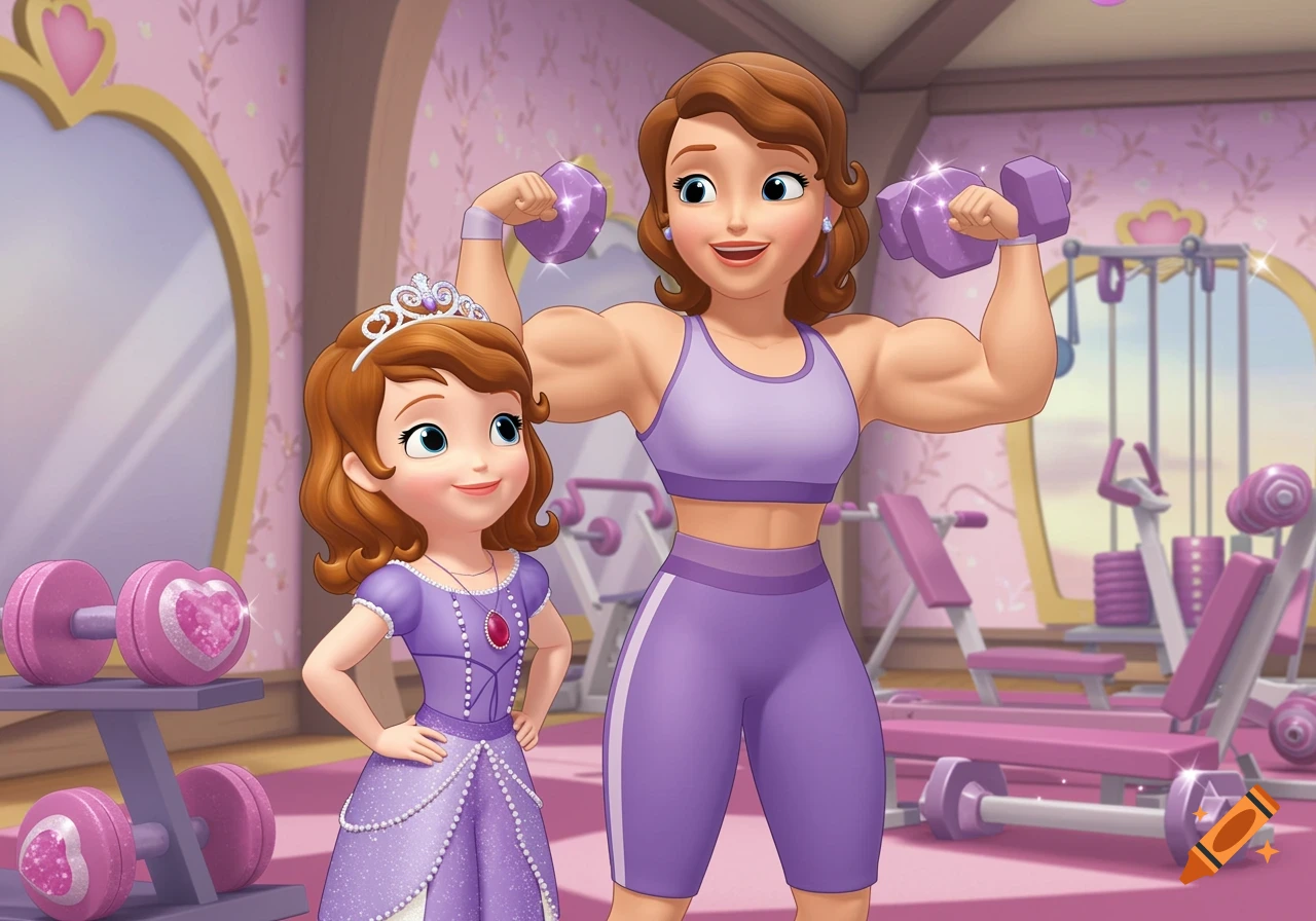 Cartoon of Sofia the First and her muscular mother in a pink gym.
