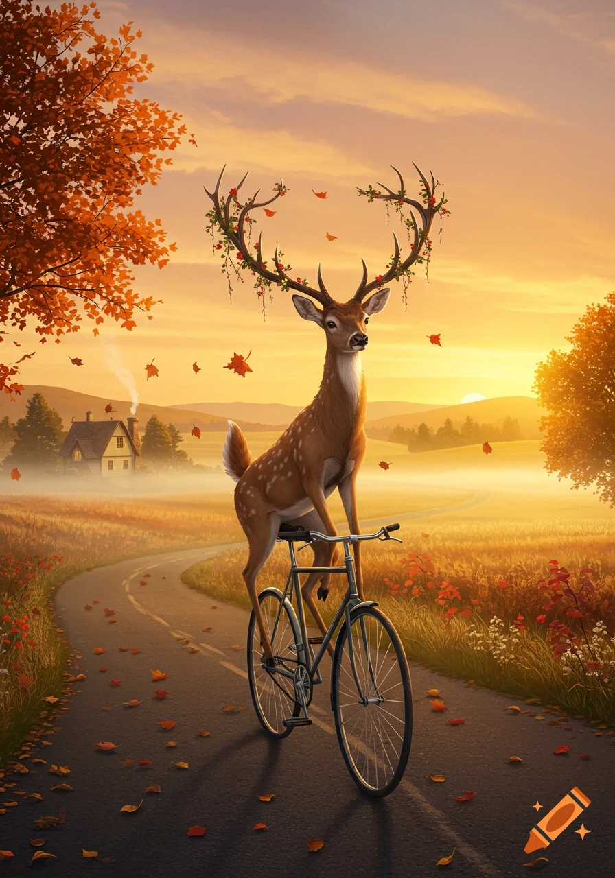 A majestic deer with leafy antlers rides a bicycle on an autumn road towards a distant house, bathed in warm sunrise light. Digital illustration.