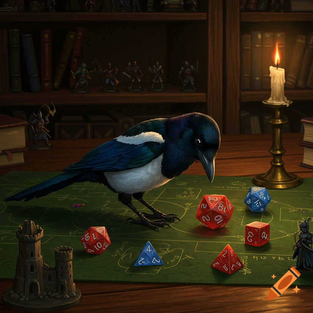 A magpie bird on a green tabletop mat with red and blue D&D dice, miniature castles, and fantasy figures in a study.