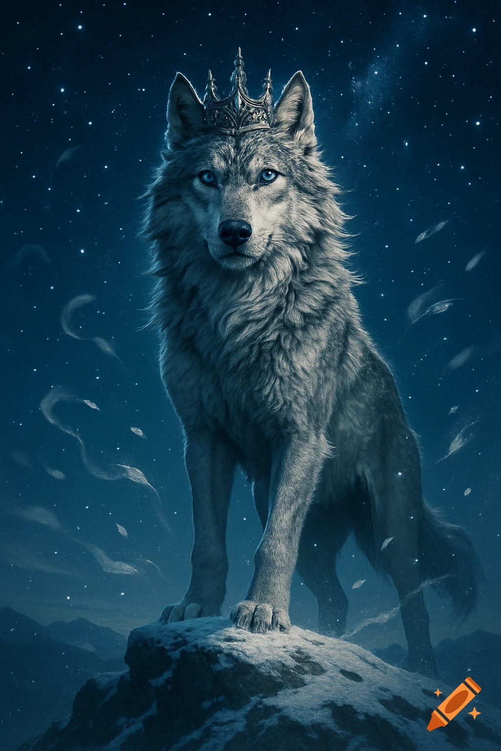 Majestic wolf with a crown stands on a snowy rock under a starry night sky, digital art.