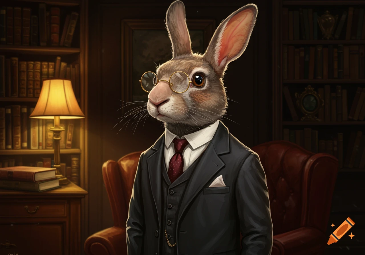 An anthropomorphic rabbit wearing glasses and a dark suit with a red tie, standing in a dim, richly detailed library.