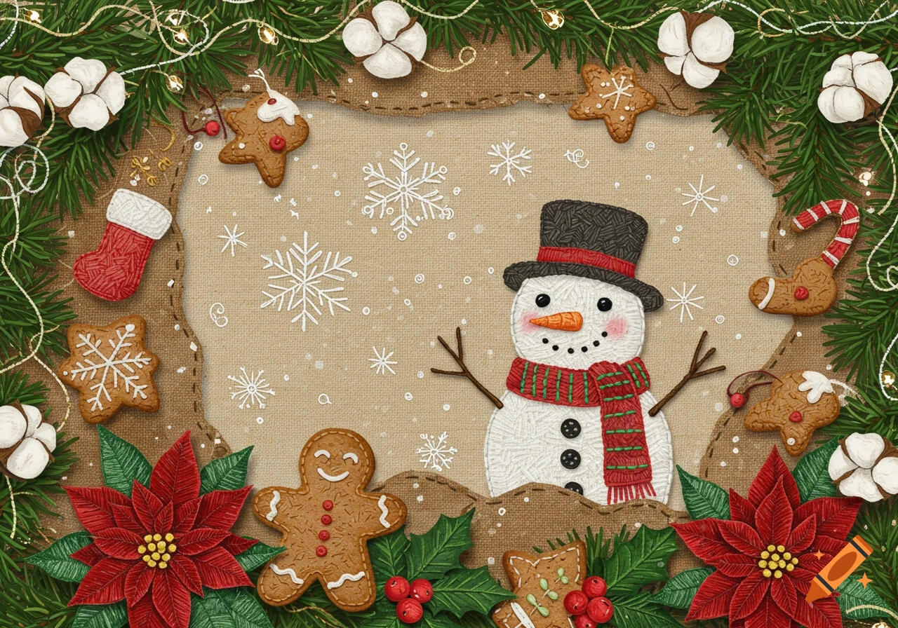 A festive Christmas collage featuring a snowman, gingerbread figures, poinsettias, and pine branches, designed with a sewn fabric craft aesthetic.