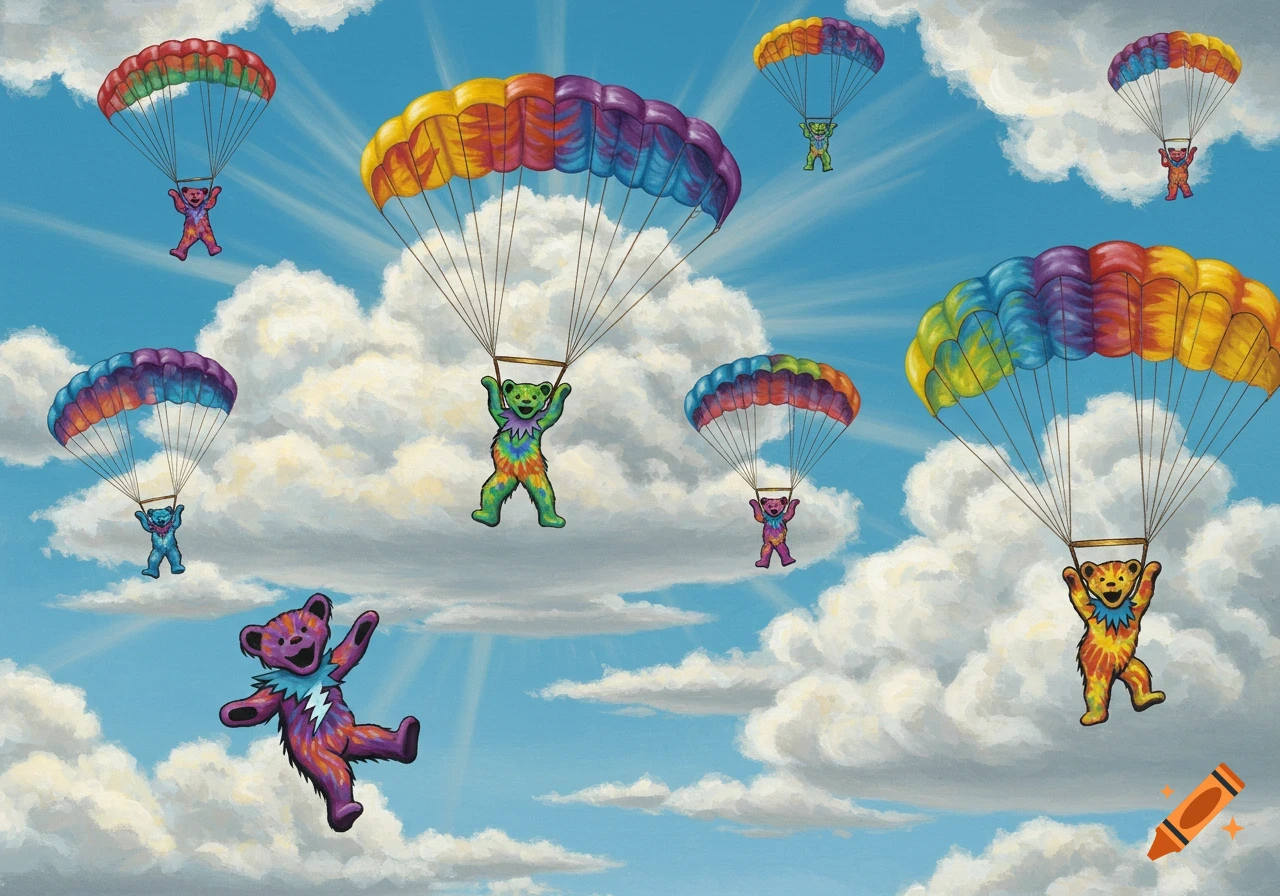 Colorful cartoon Grateful Dead bears skydiving with rainbow parachutes in a bright blue sky with white clouds.