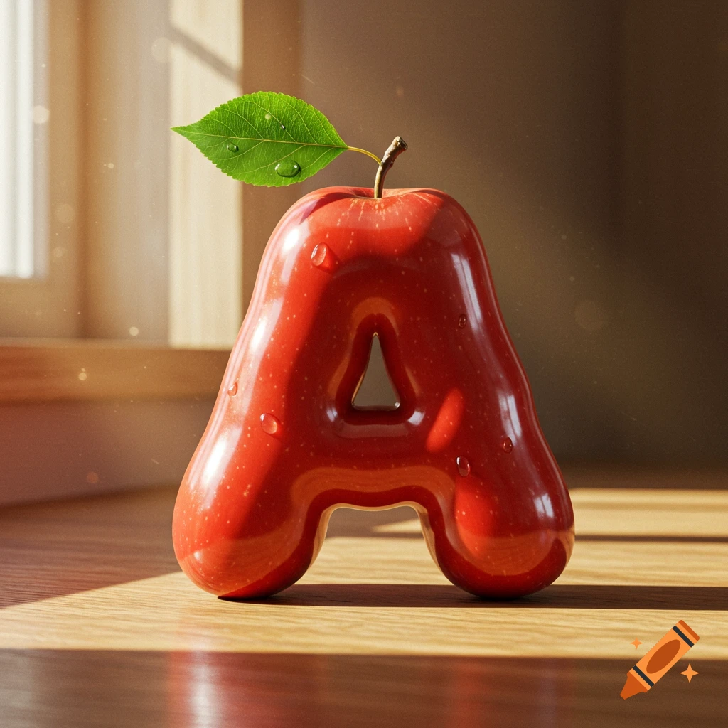 Photorealistic red apple shaped like the letter A, adorned with a green leaf and water droplets, resting on a wooden surface.