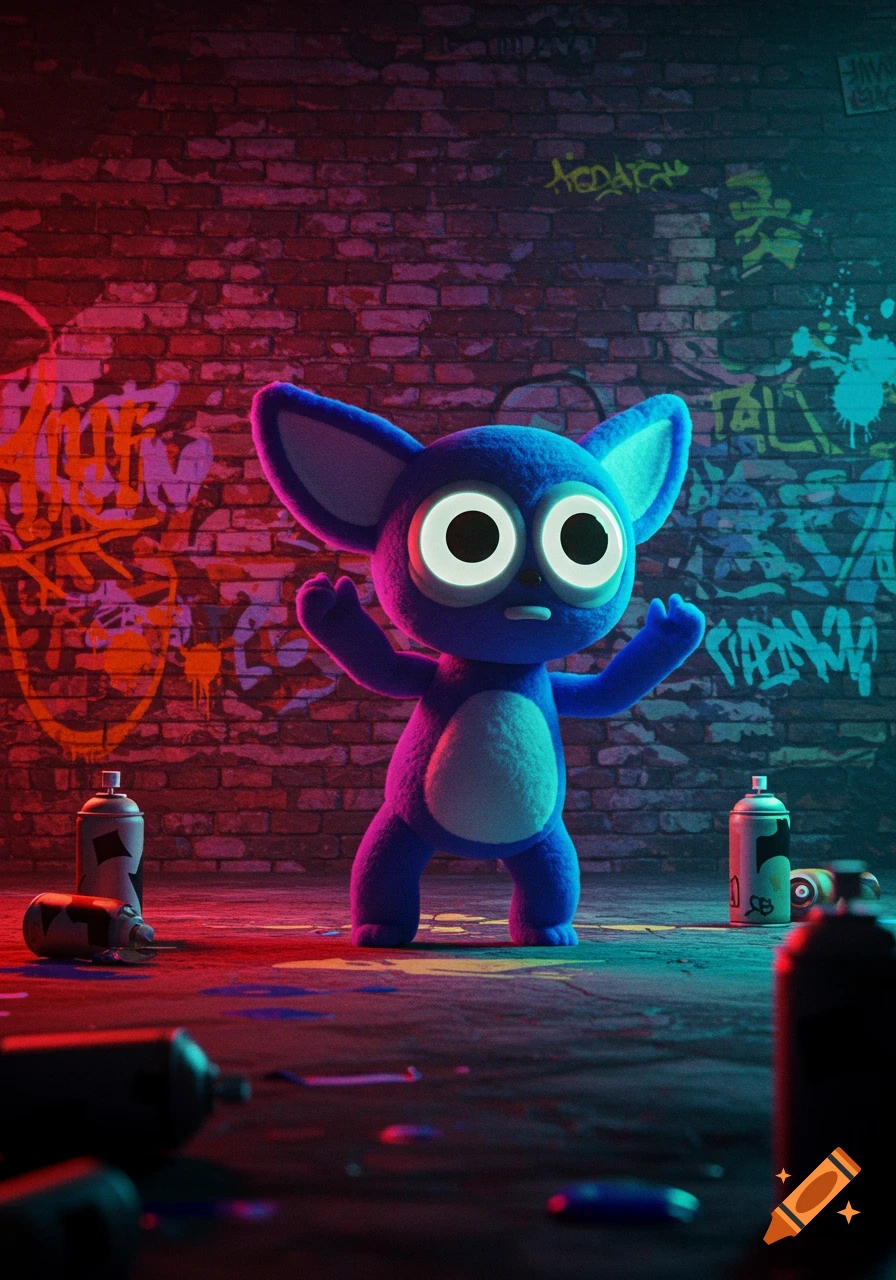 A cute blue furry cartoon creature with big eyes and ears stands in a dark, graffiti-covered alleyway, illuminated by neon red and blue lights.