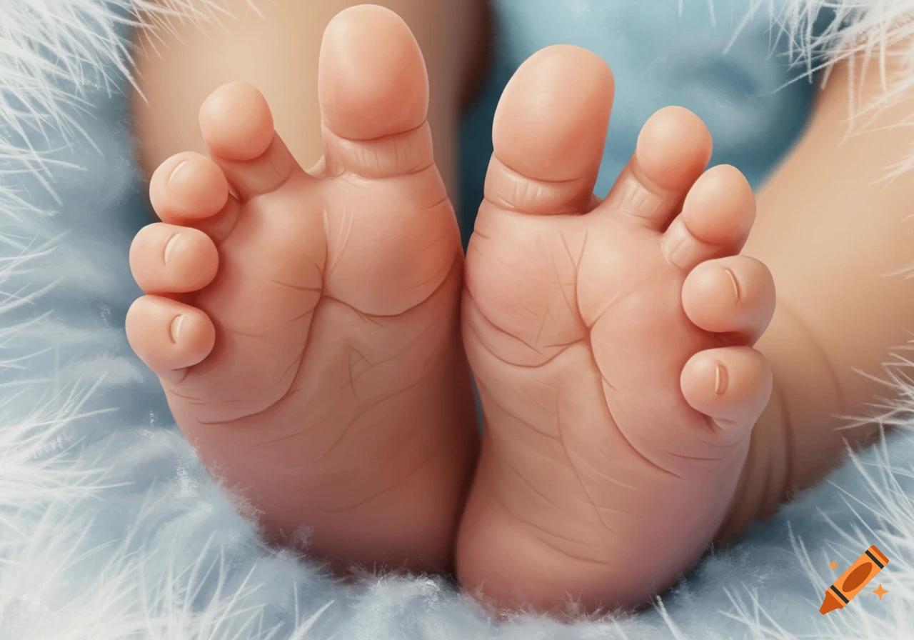 Close-up of a baby's tiny, wrinkled feet resting on a soft, fluffy blue blanket.