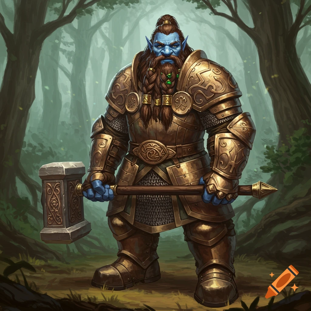 A blue-skinned dwarf in ornate golden armor holds a large hammer, standing in a misty forest. Fantasy art style.