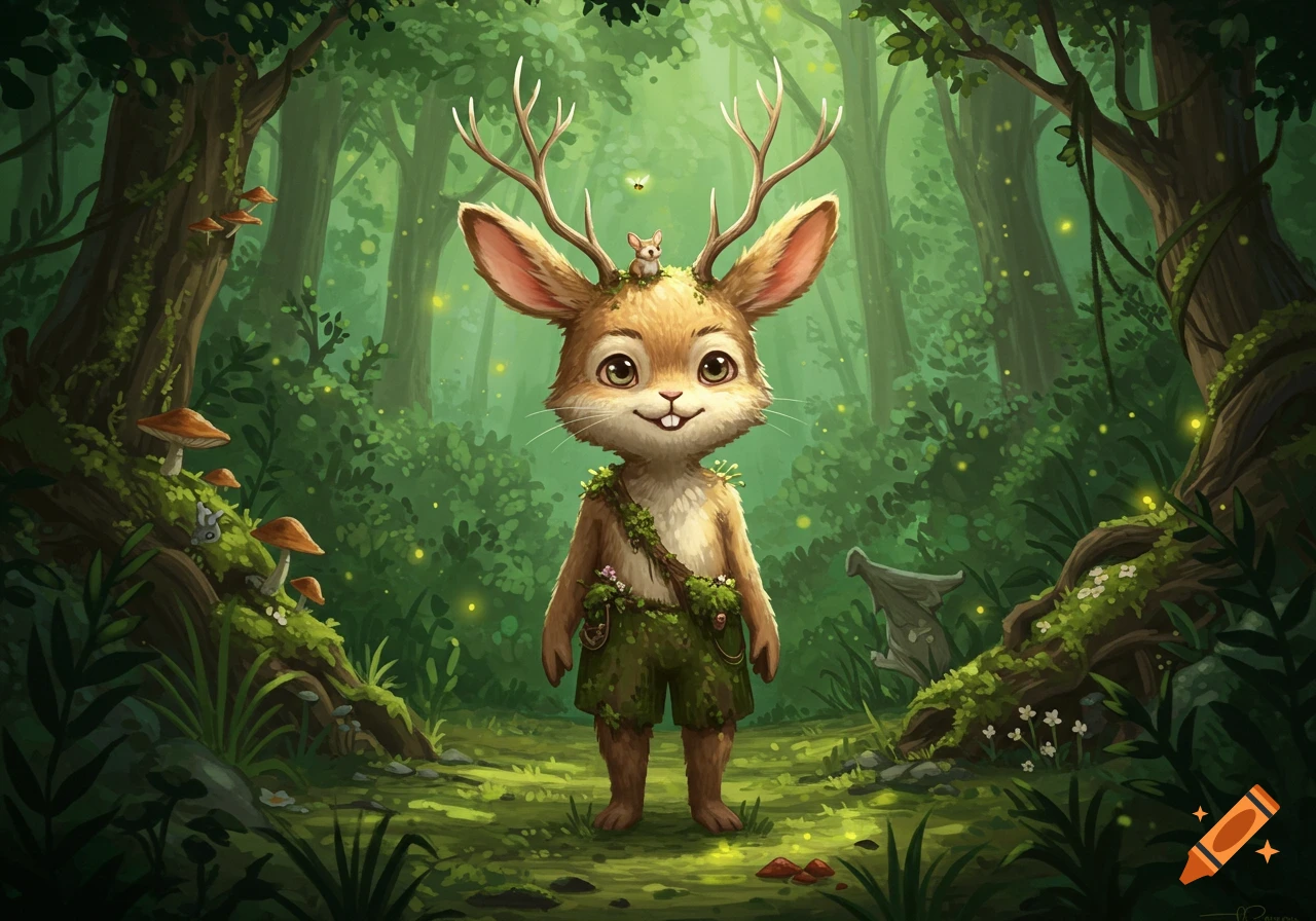 A grinning anthropomorphic rabbit boy with small deer antlers stands in a magical forest filled with fireflies.