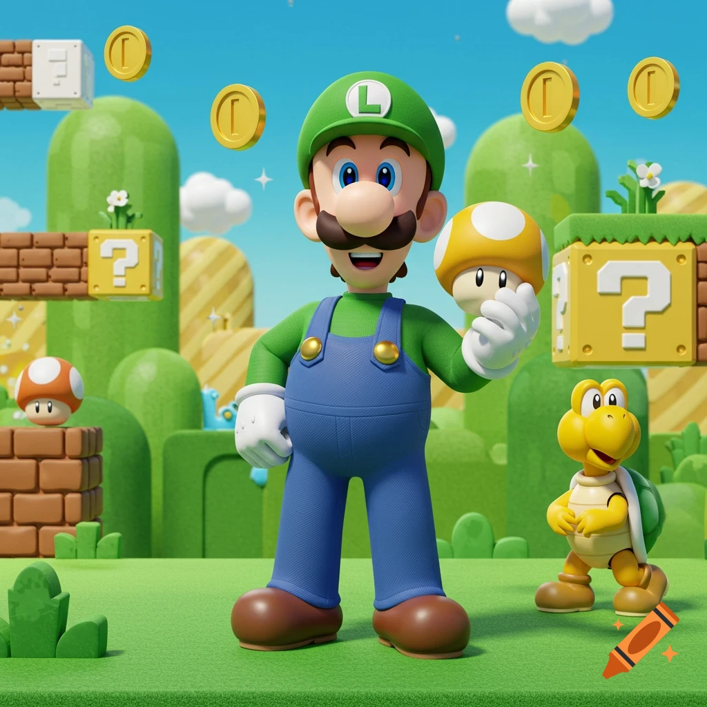 Luigi stands in a vibrant 3D Super Mario world, holding a yellow mushroom, with a Koopa Troopa and question blocks nearby.